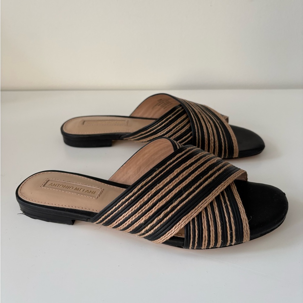 ANTONIO MELANI Black and Tan Strappy Sandals